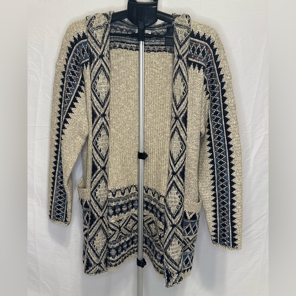 Lucky Brand Cream and Black Hooded Knit Cardigan